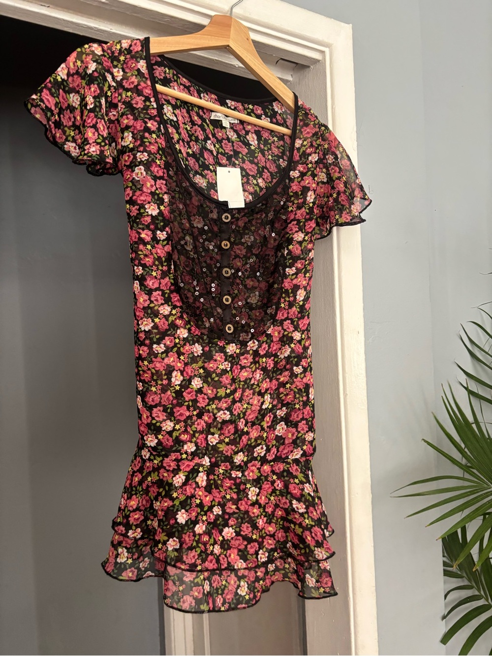 Charlotte Russe Y2K Floral Short-Sleeve Ruffle Hem Dress - Pink Floral
